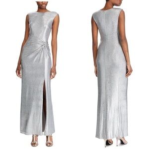 Lauren Ralph Lauren NWT Liliana Silver Gathered Evening Gown With Crystal Brooch